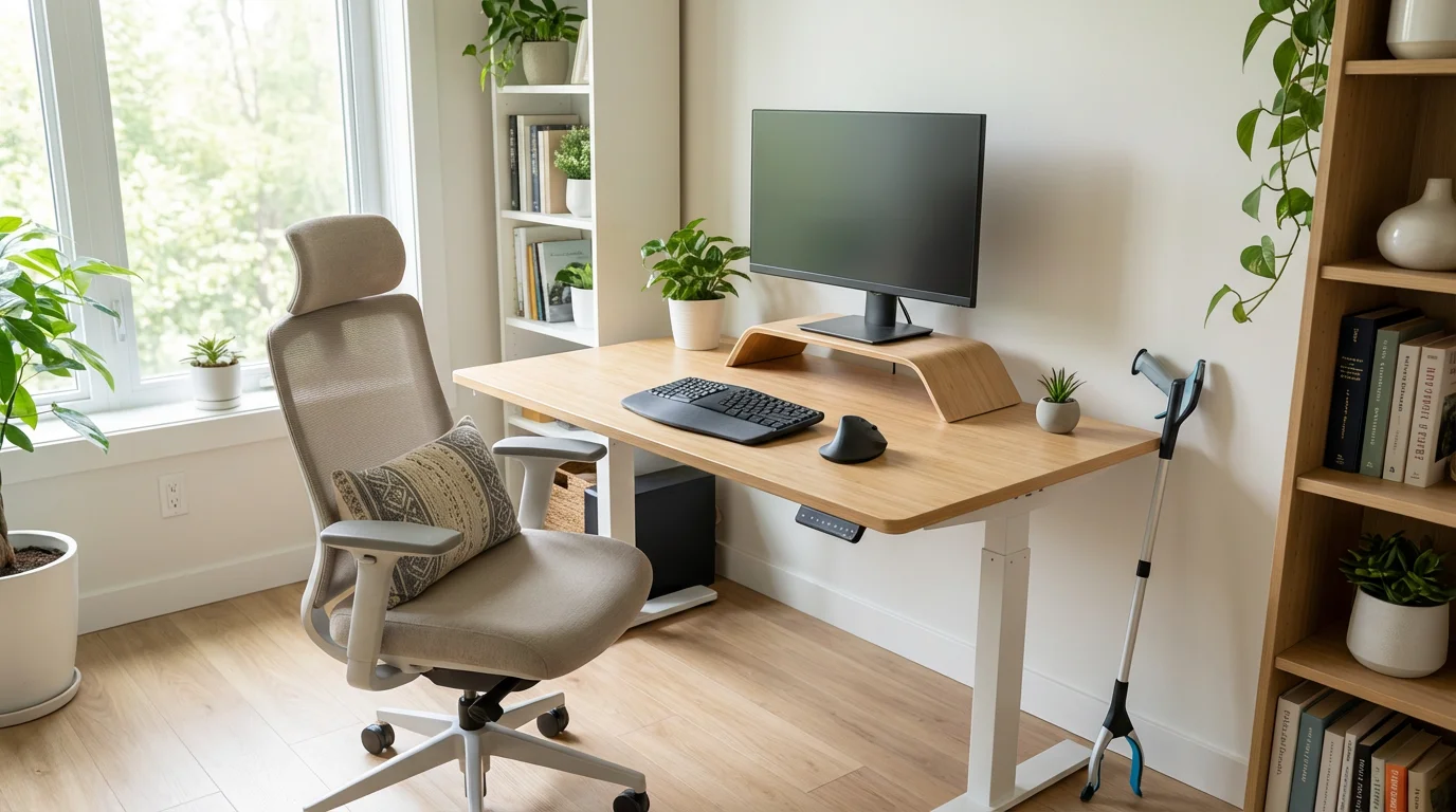 A bright home office with an ergonomic chair, desk, and an assistive grabber tool.