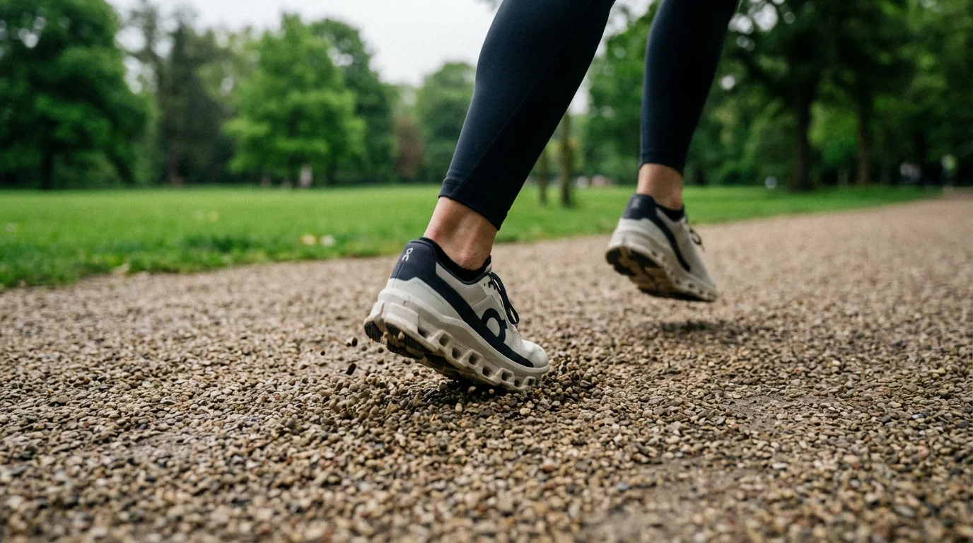 A close-up, low-angle shot of feet in sneakers walking on a park path.
