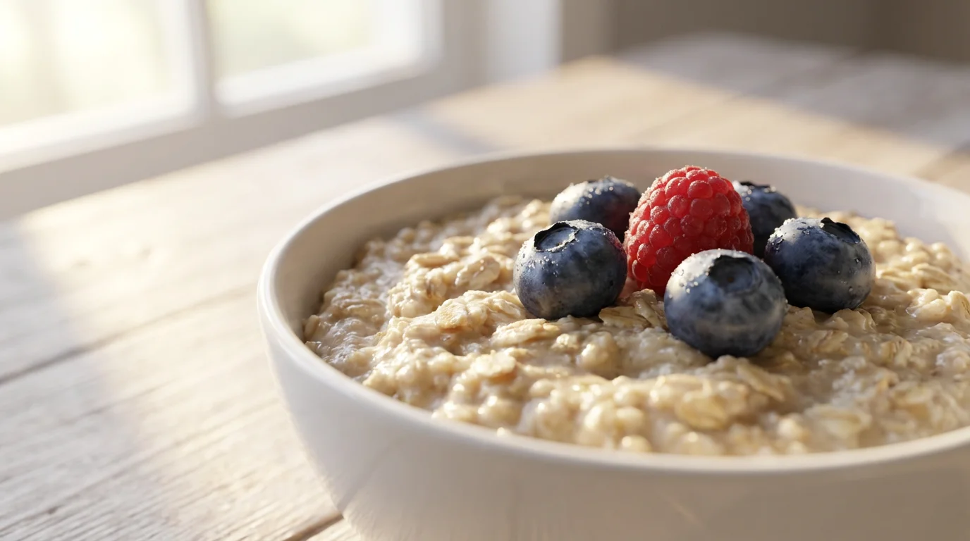 A close-up macro photo of a healthy bowl of oatmeal topped with fresh berries.