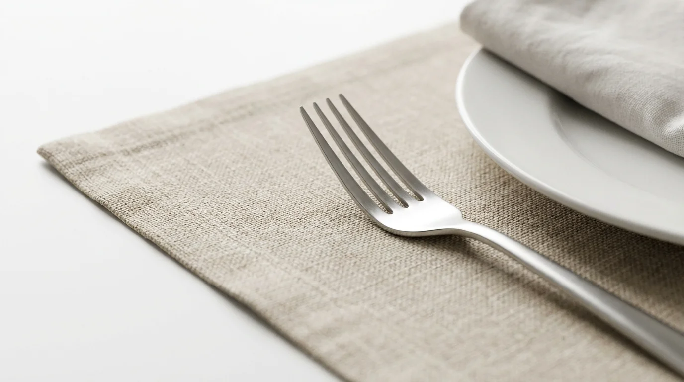 A close-up macro photo of a mindful table setting with fork and napkin.