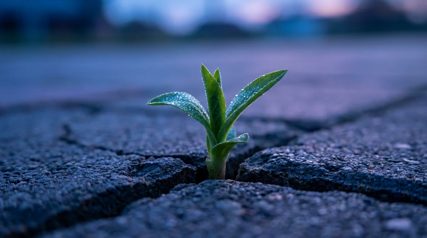 A close-up macro photo of a single green sprout emerging through a dark stone.