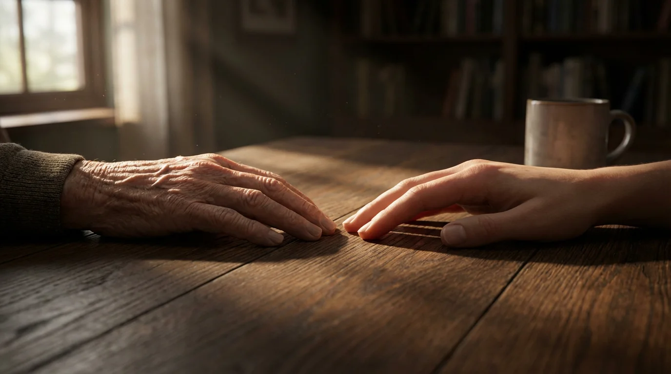 A close-up macro photo of an older and younger hand on a wooden table.