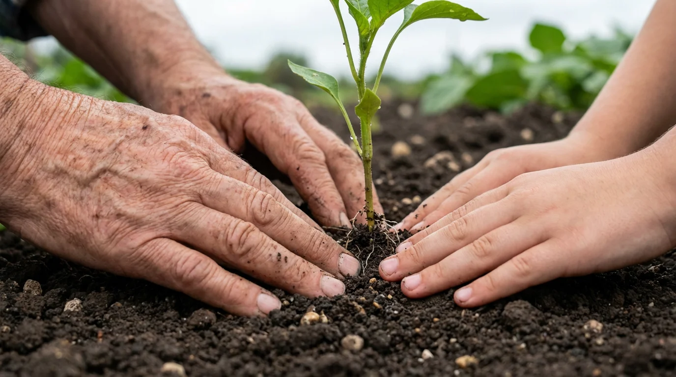 A close-up macro photo of older and younger hands planting a small green sapling.