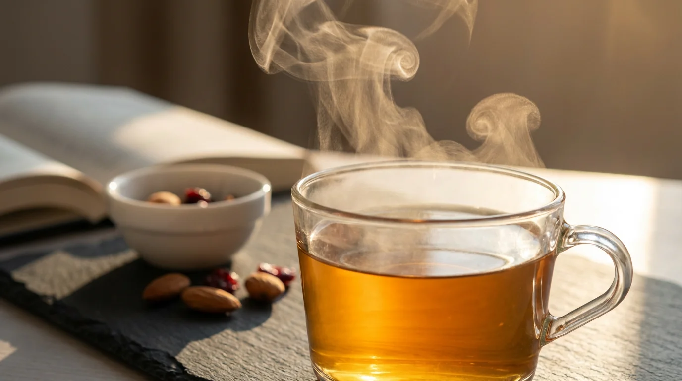A close-up macro photo of steam rising from a glass mug of herbal tea.