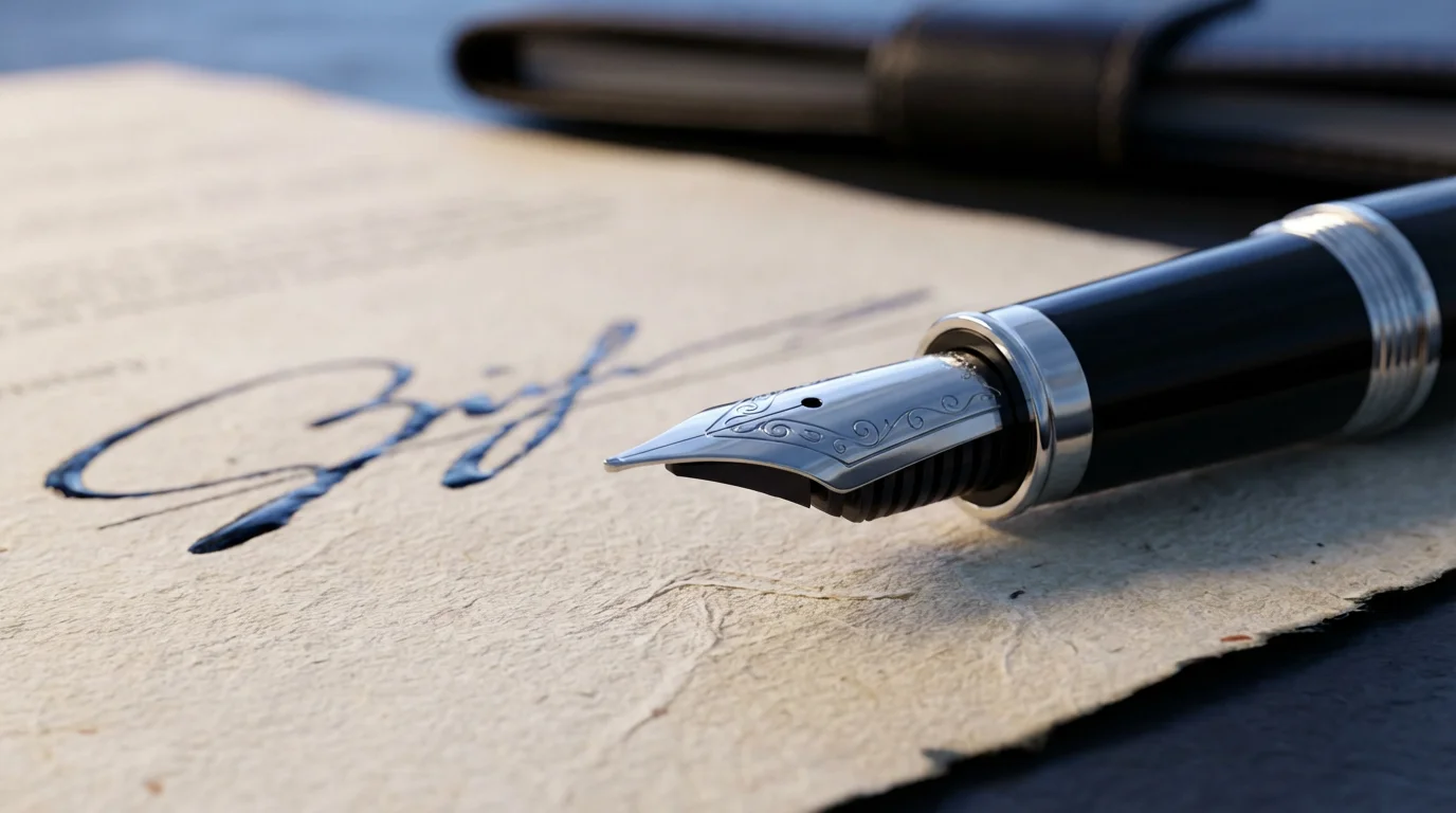 A close-up macro photograph of a fountain pen nib resting on a formal document.