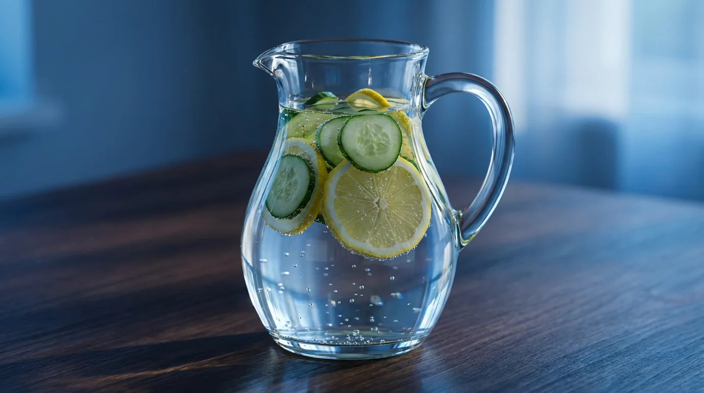 A close-up macro photograph of a glass pitcher of infused cucumber lemon water.