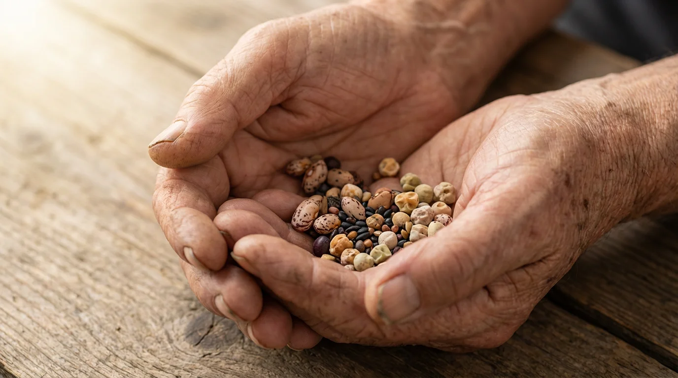 A close-up macro photograph of a senior's hands holding a variety of colorful seeds.