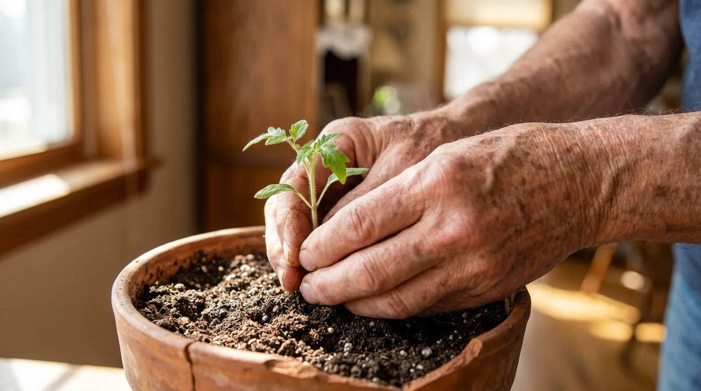 A close-up macro photograph of a senior's hands gently planting a tiny green seedling.