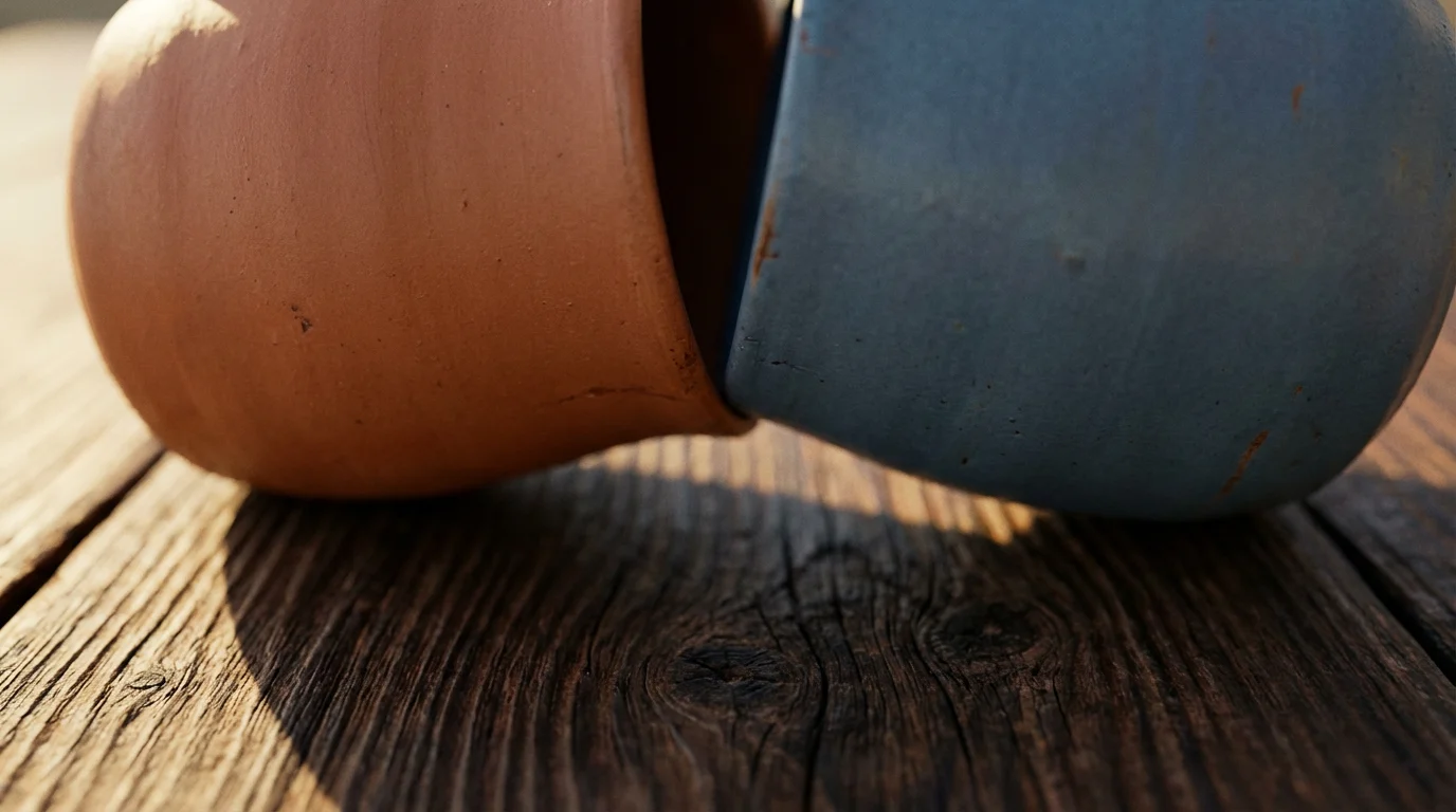 A close-up macro photograph of two ceramic mugs touching on a wooden table.