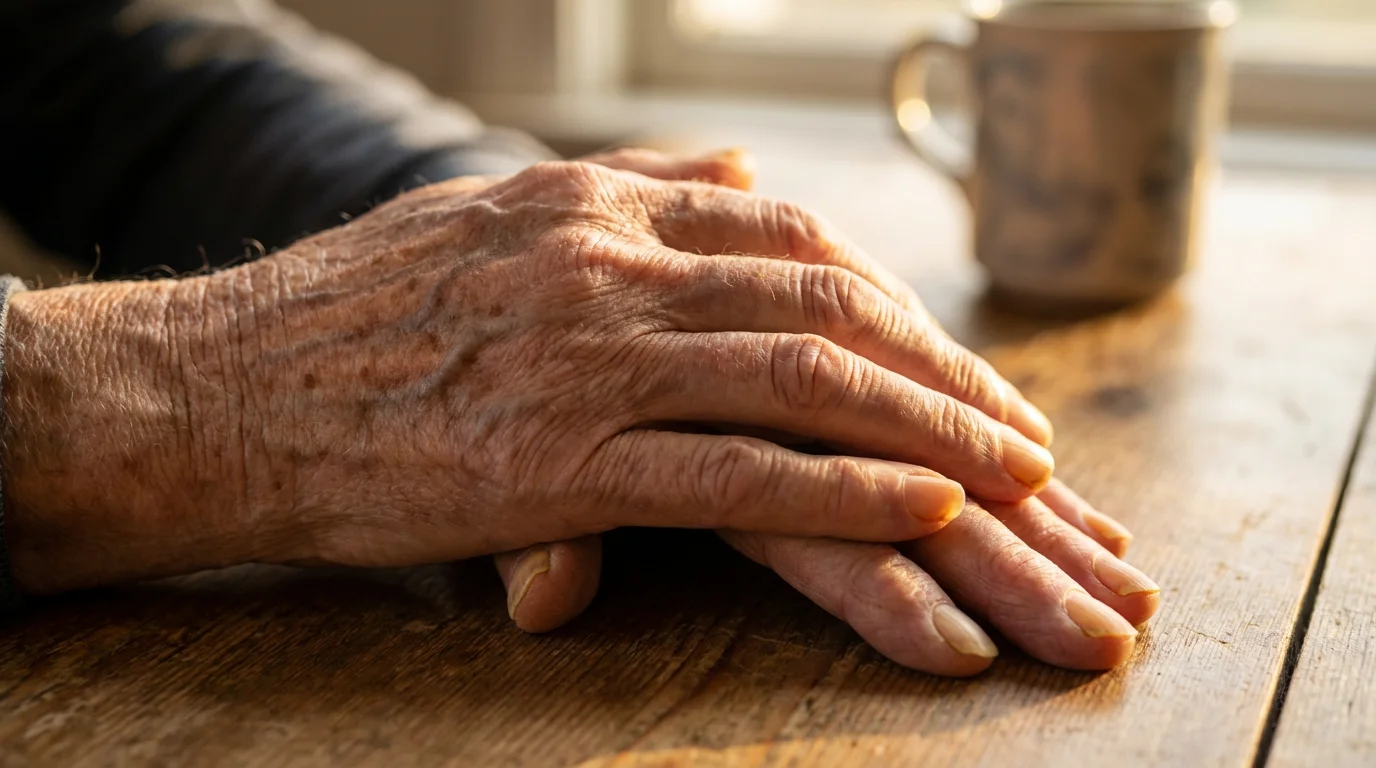 A close-up macro photograph of two elderly hands clasped together during golden hour.