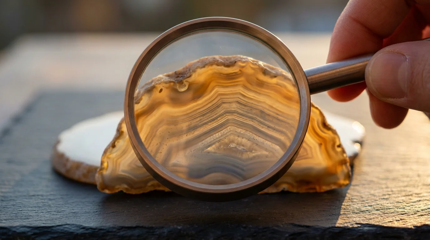 A close-up of a magnifying glass examining the intricate layers of a polished stone.