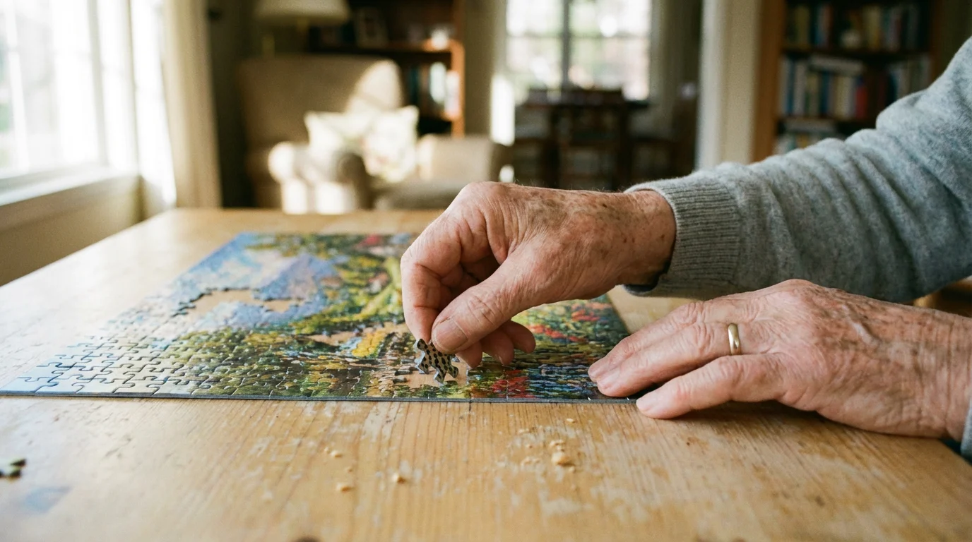 A close-up photo of two seniors' hands completing a jigsaw puzzle together.