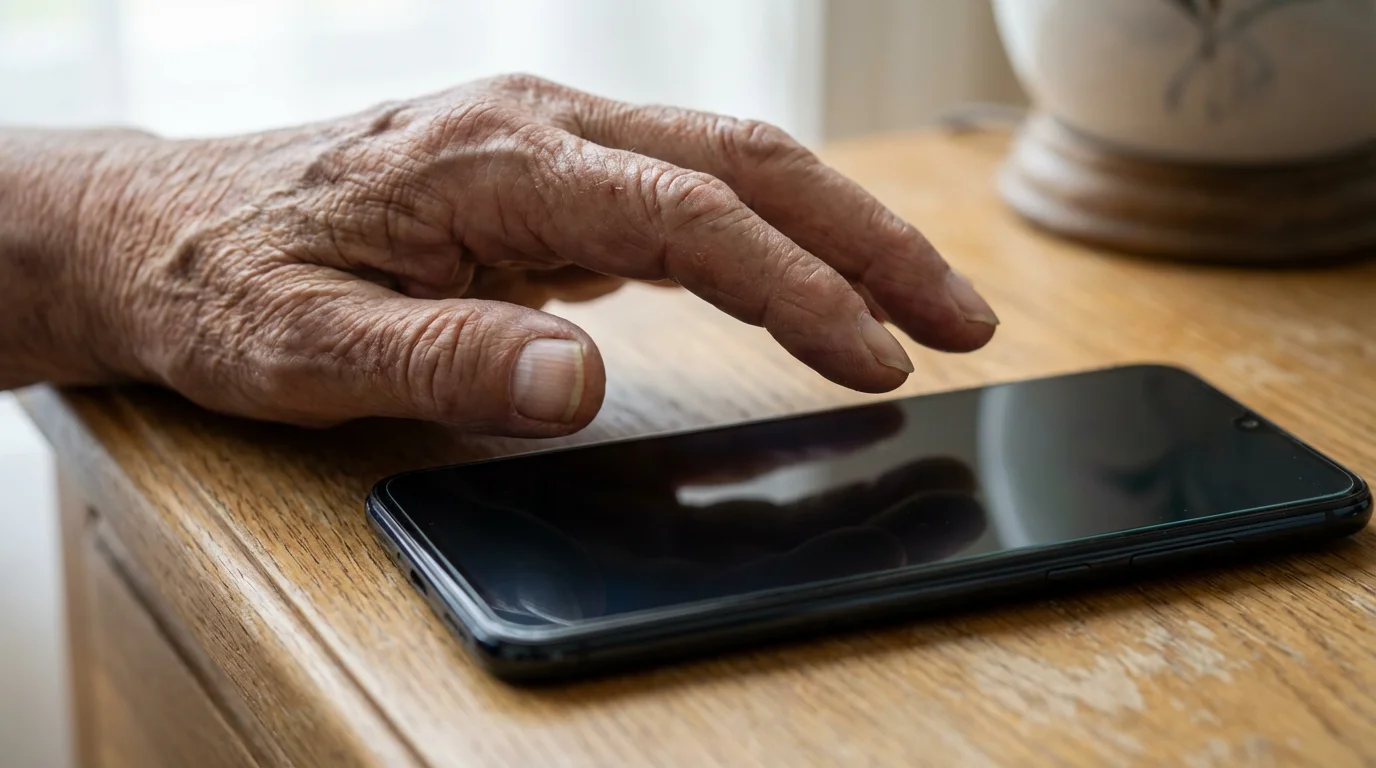A close-up photograph of a senior's hand reaching toward a smartphone on a nightstand.