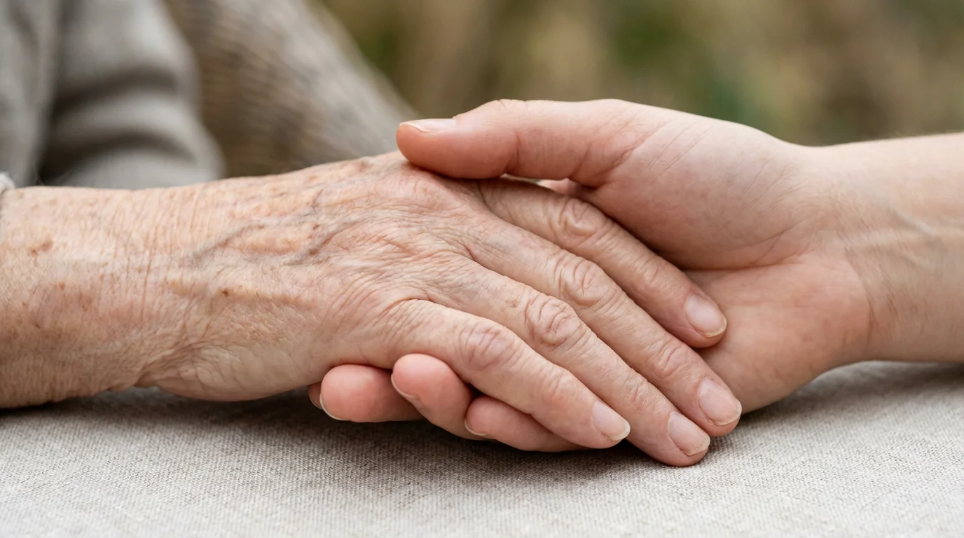A close-up photograph of a younger person's hand gently holding an older person's hand.