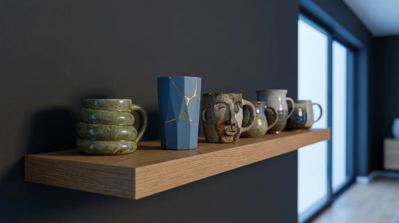 A collection of unique, colorful artisan mugs on a wooden shelf during evening blue hour.