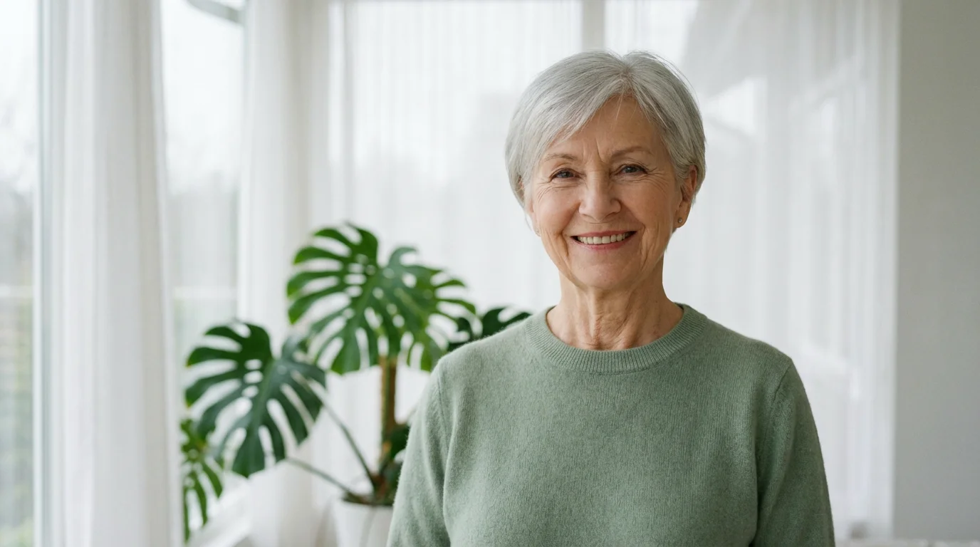 A confident senior woman with silver hair smiling serenely in a bright, minimalist room.