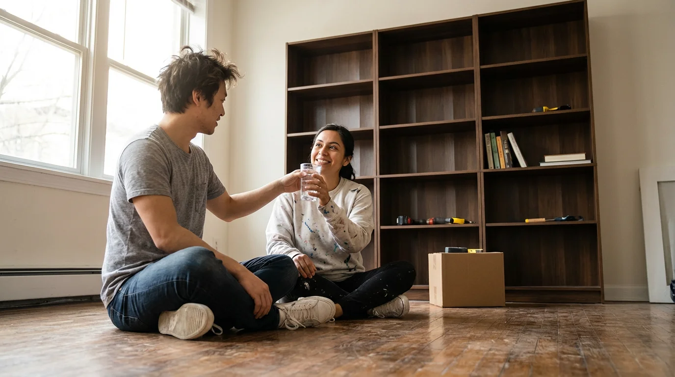 A couple sits on the floor smiling gratefully after assembling furniture in morning light.