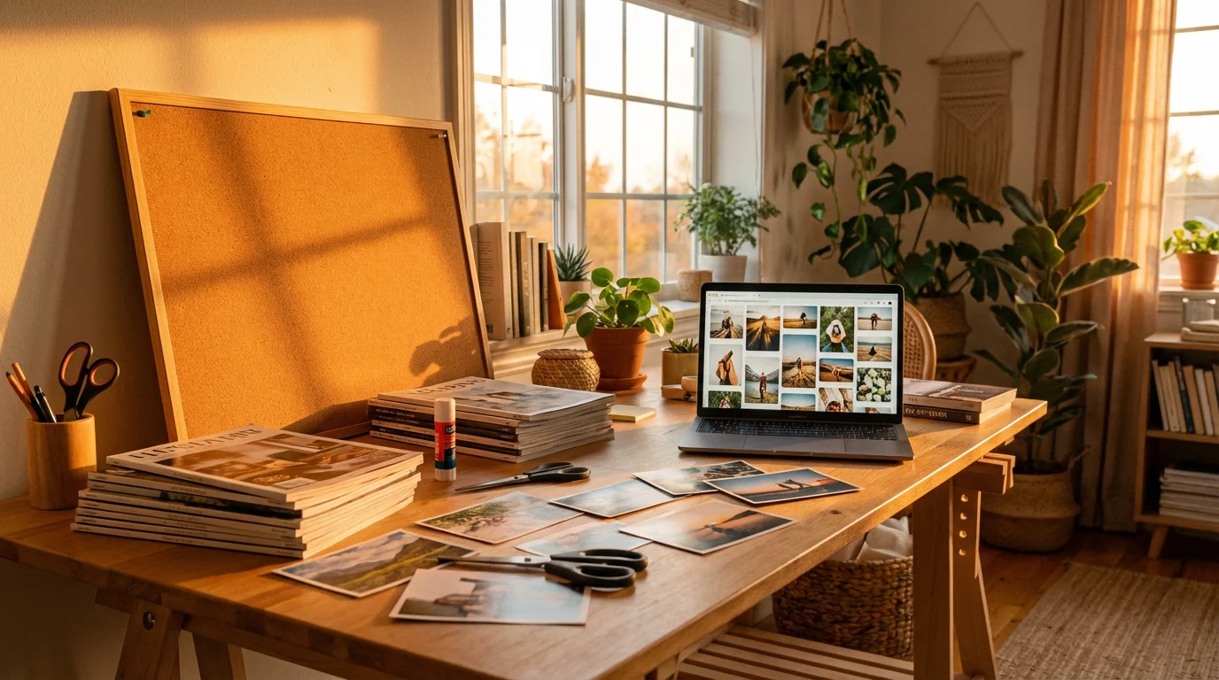 A desk with magazines, photos, and a laptop for creating a retirement vision board.
