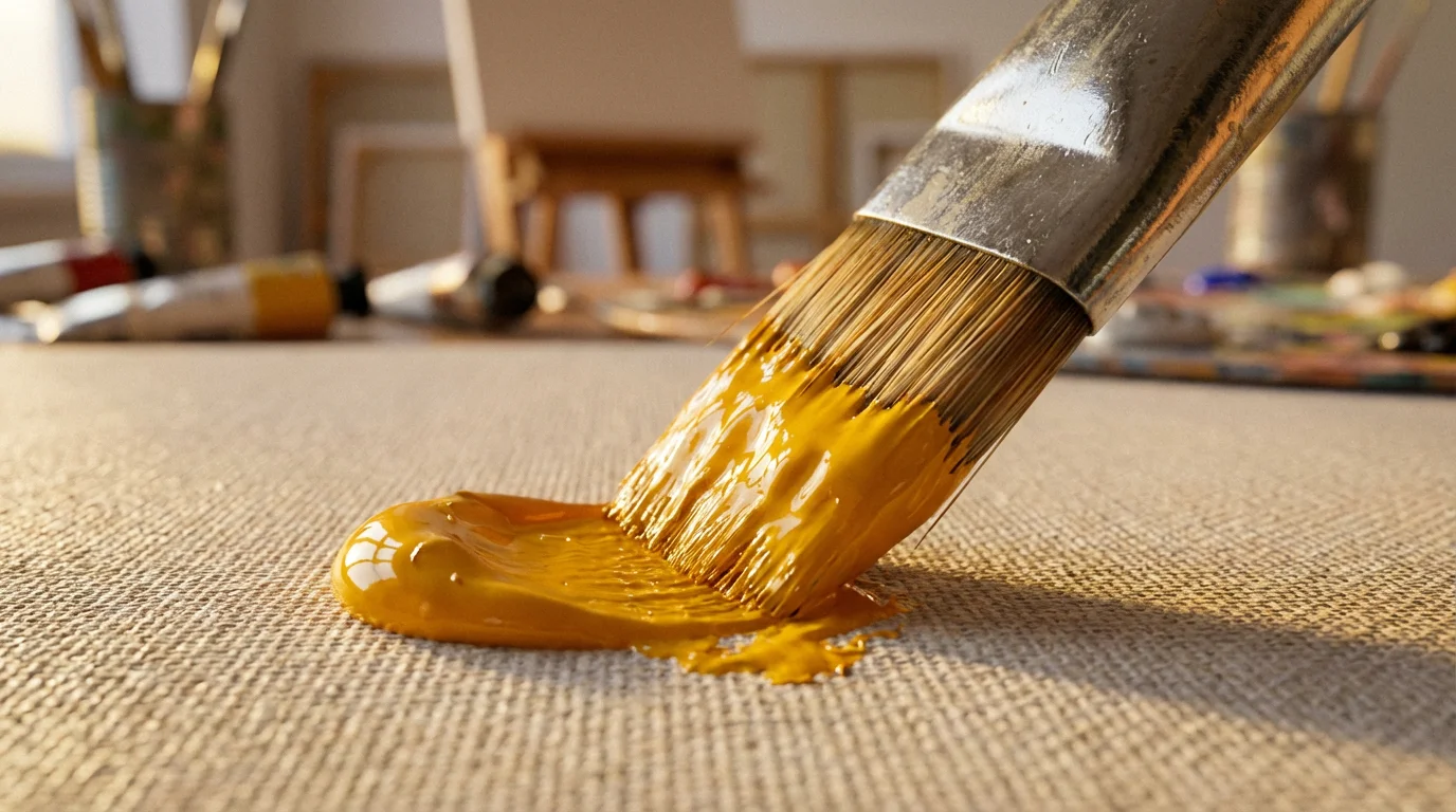 A detailed macro photograph of a paintbrush tip applying yellow paint to a canvas.