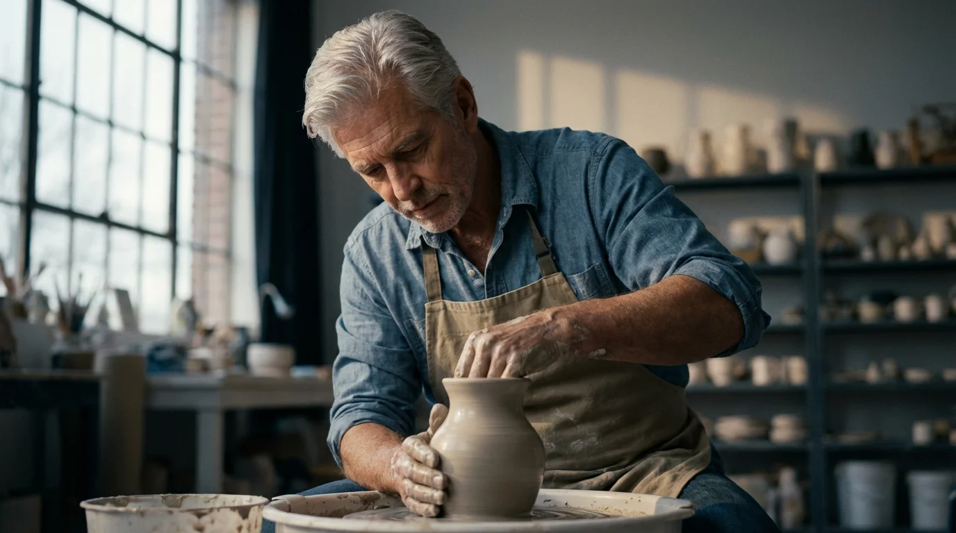 A distinguished man in his late 60s making a pot on a pottery wheel.