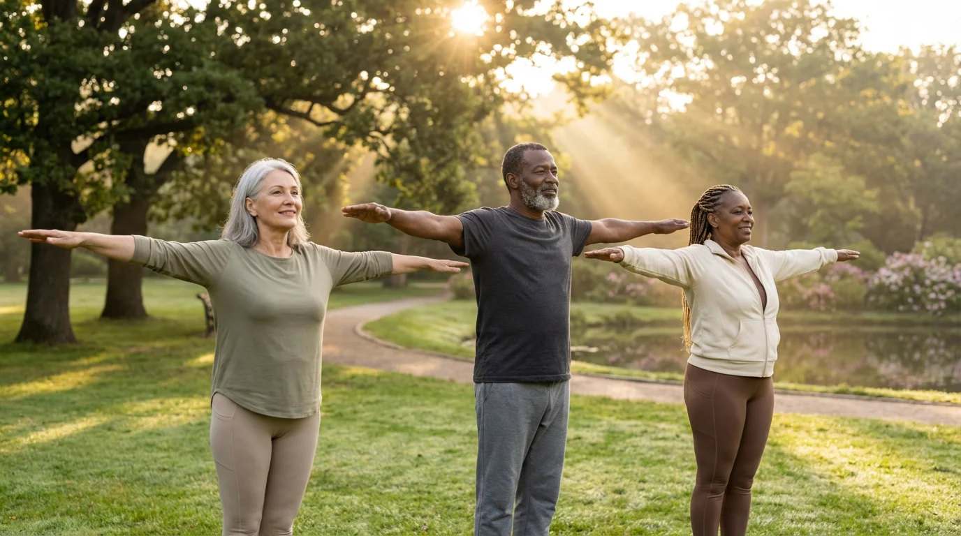 A diverse group of active seniors practicing yoga together in a serene, sunlit park.
