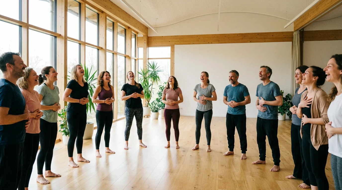 A diverse group of adults laughing together during a laughter therapy session in a studio.