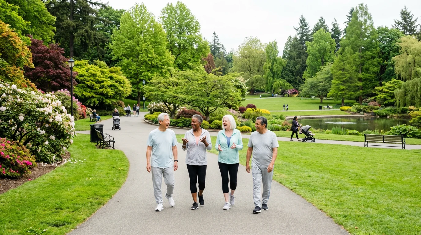 A diverse group of four active seniors walking and talking together on a path in a beautiful, green park.