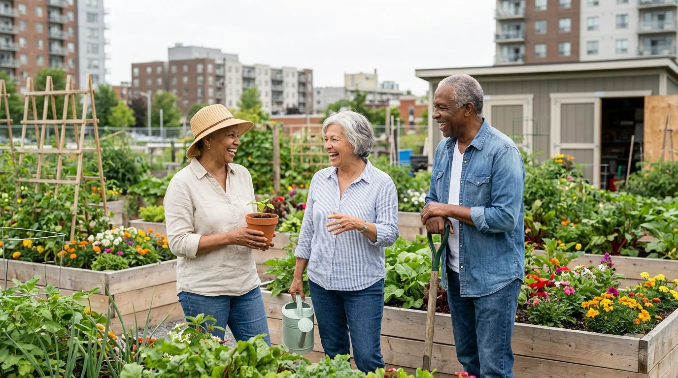 A diverse group of happy seniors laughing and gardening together in a community garden.