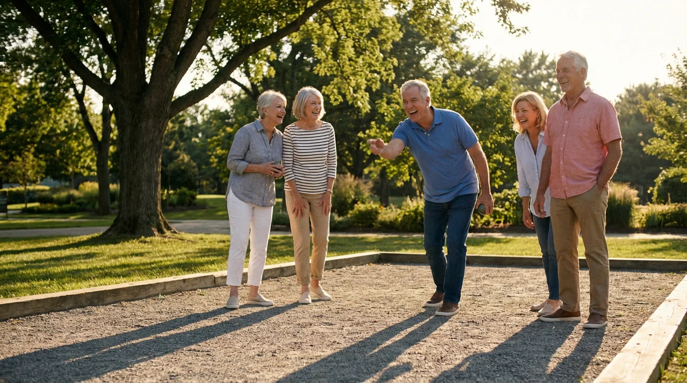 A diverse group of happy seniors playing a game of bocce ball outdoors.