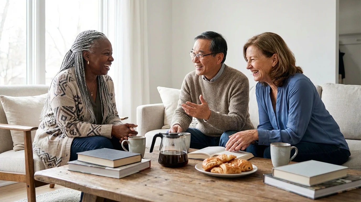 A diverse group of mature friends laughing together during a book club meeting.