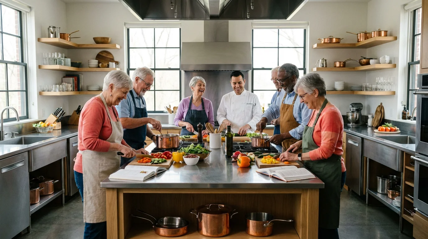 A diverse group of older adults enjoying a sunlit cooking class together.