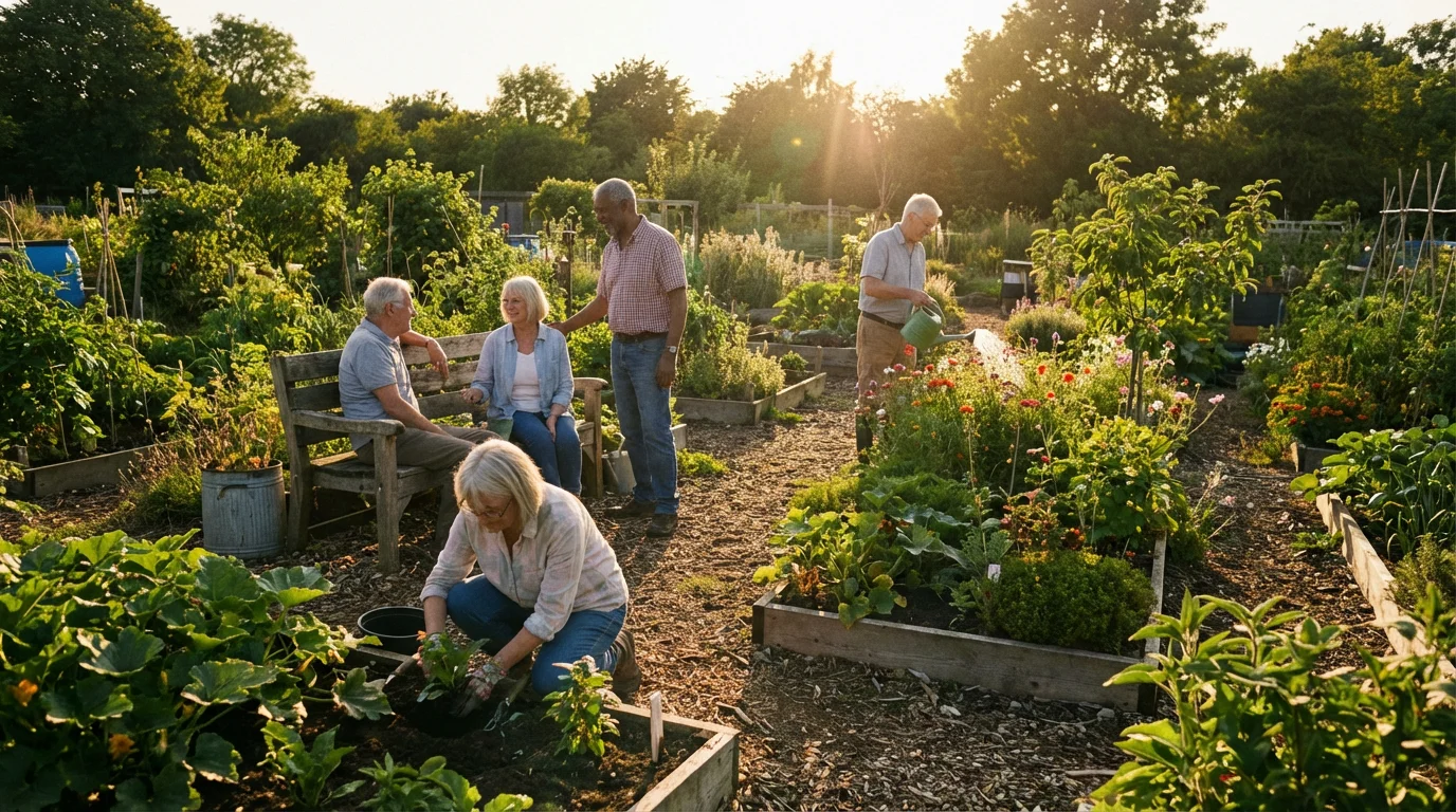 A diverse group of older friends working together in a community garden at sunset.