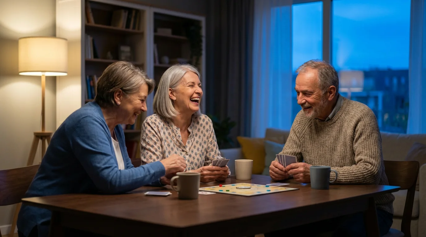 A diverse group of senior friends laughing while playing cards together at night.
