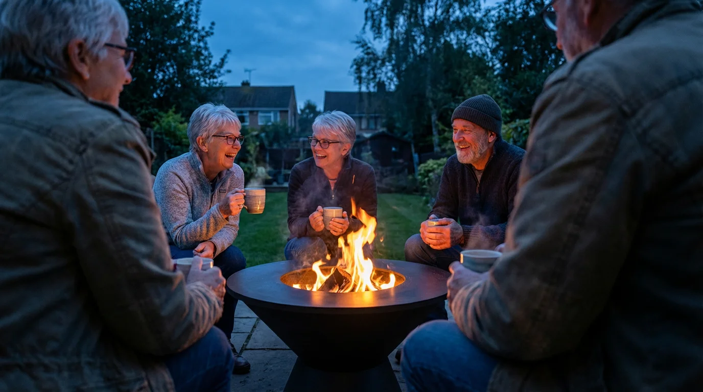 A diverse group of senior friends talking and laughing around a fire pit at dusk.
