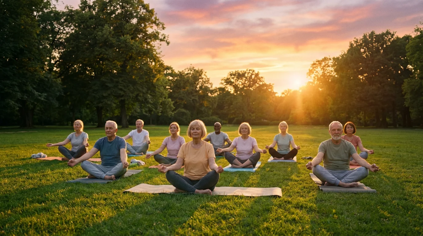 A diverse group of seniors doing yoga in a beautiful park at sunset.