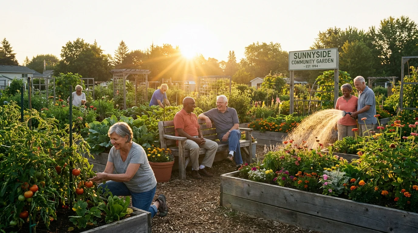 A diverse group of seniors enjoying gardening together in a sunny community garden.
