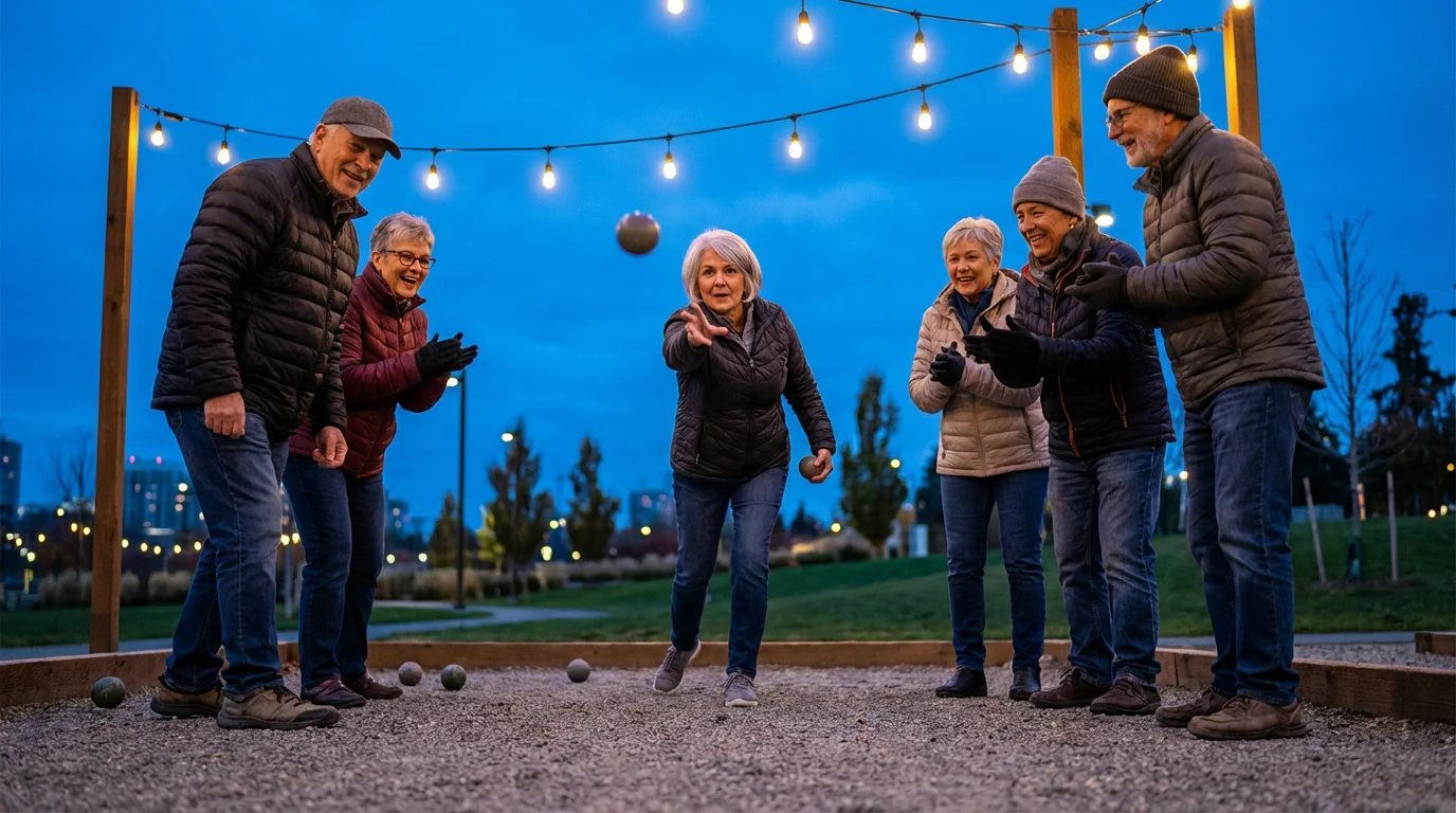 A diverse group of seniors happily playing a game of bocce ball at dusk.