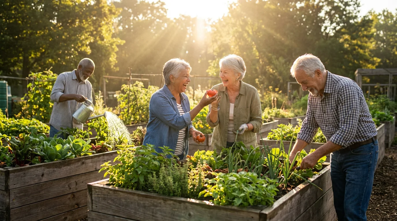 A diverse group of seniors laughing and working together in a sunny community garden.