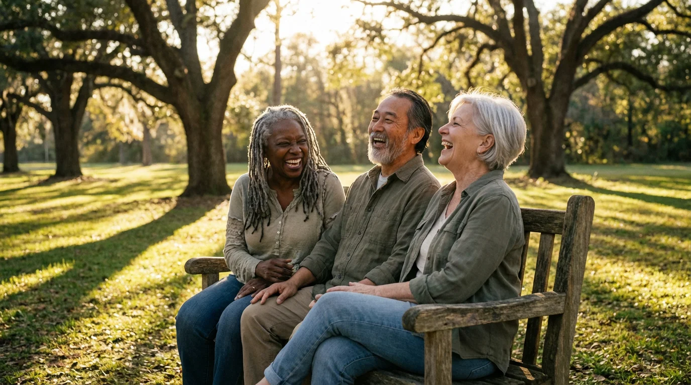 A diverse group of seniors laughing heartily on a park bench in afternoon sunlight.