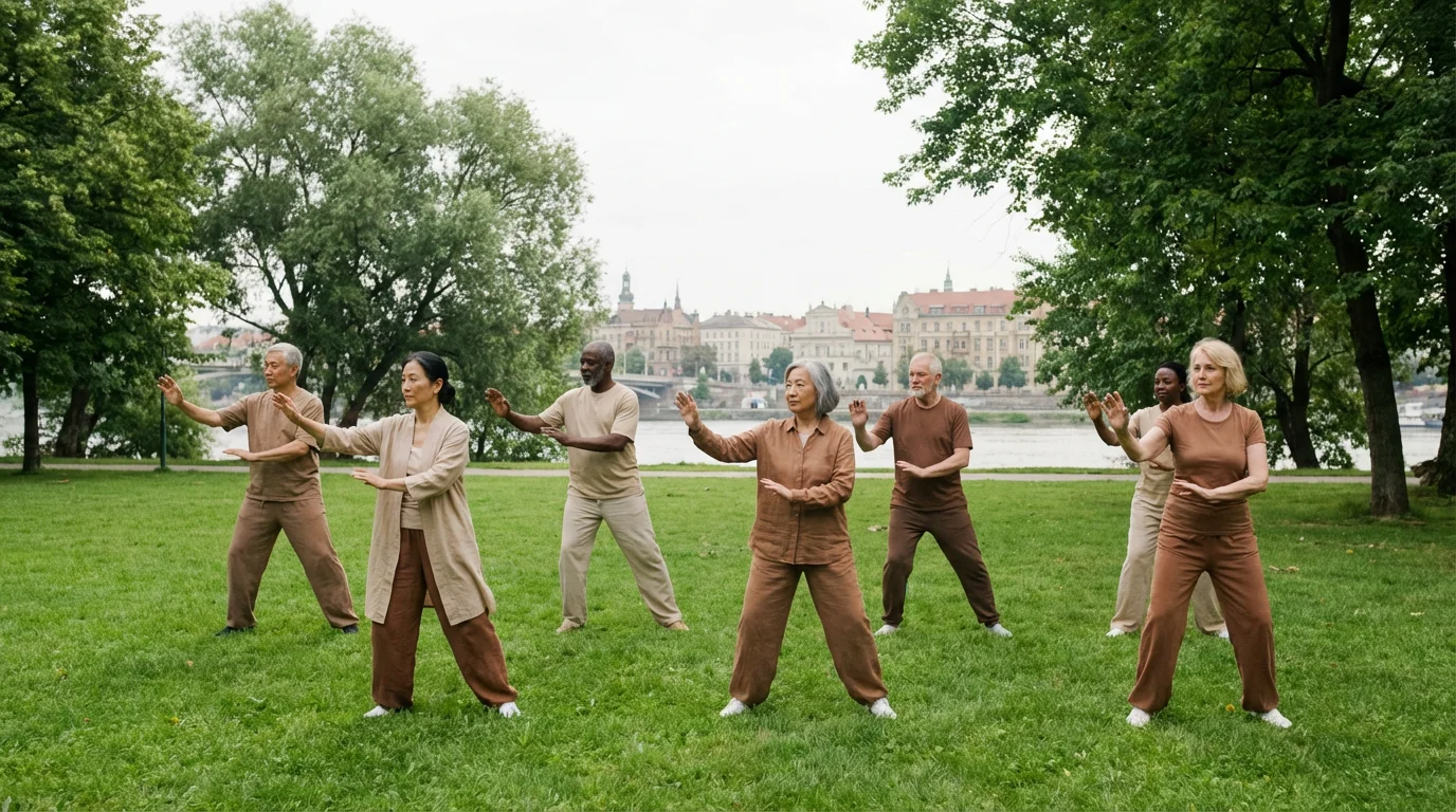 A diverse group of seniors performing graceful Tai Chi movements in a verdant park.