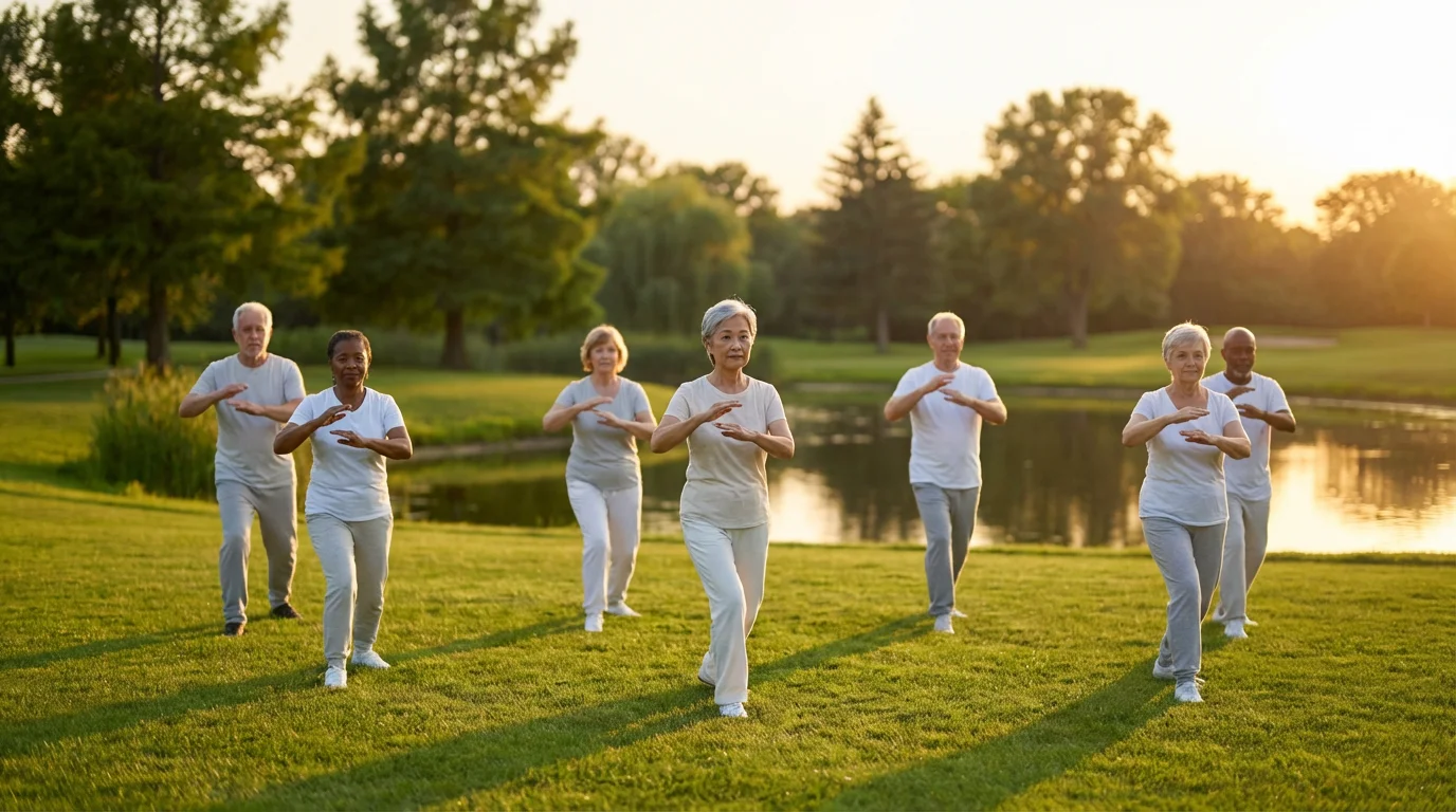 A diverse group of seniors practicing Tai Chi in a beautiful park at sunset.