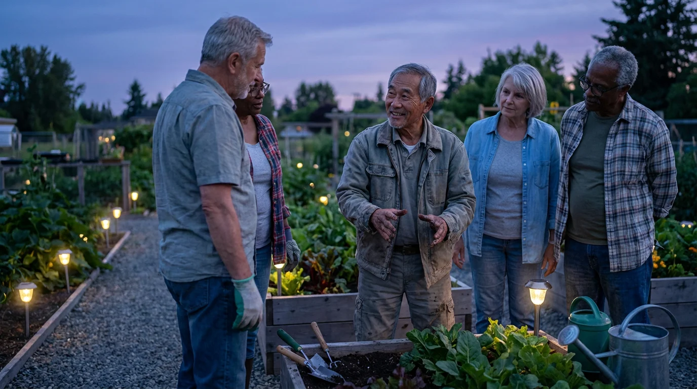 A diverse group of seniors volunteering in a community garden at dusk, led by one man.