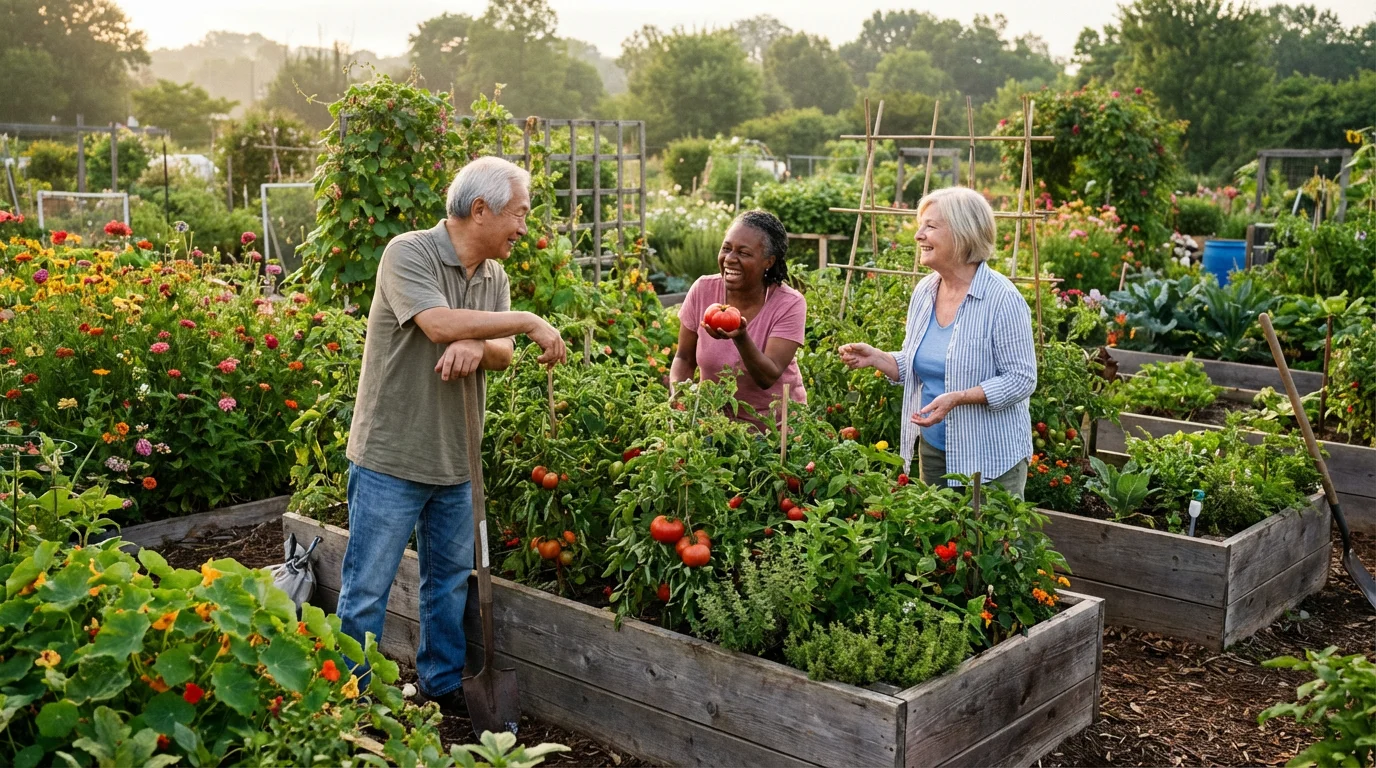 A diverse group of smiling seniors gardening together in a sunlit community garden.