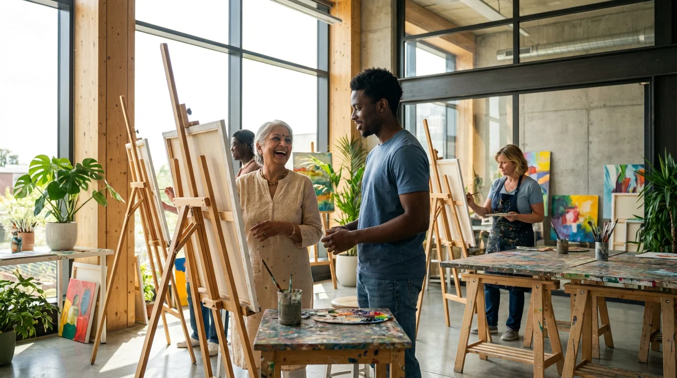 A diverse multigenerational group happily painting together in a sunlit art studio.