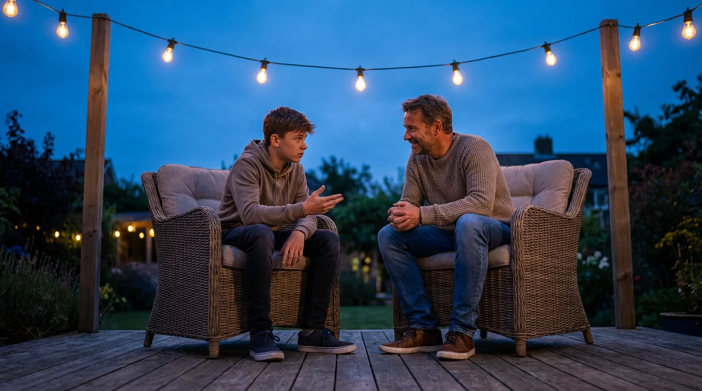 A father actively listening to his teenage son on a backyard deck at dusk.