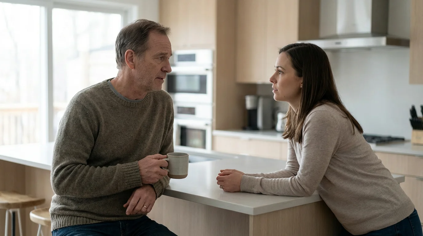 A father and his adult daughter having a calm, serious talk in a kitchen.