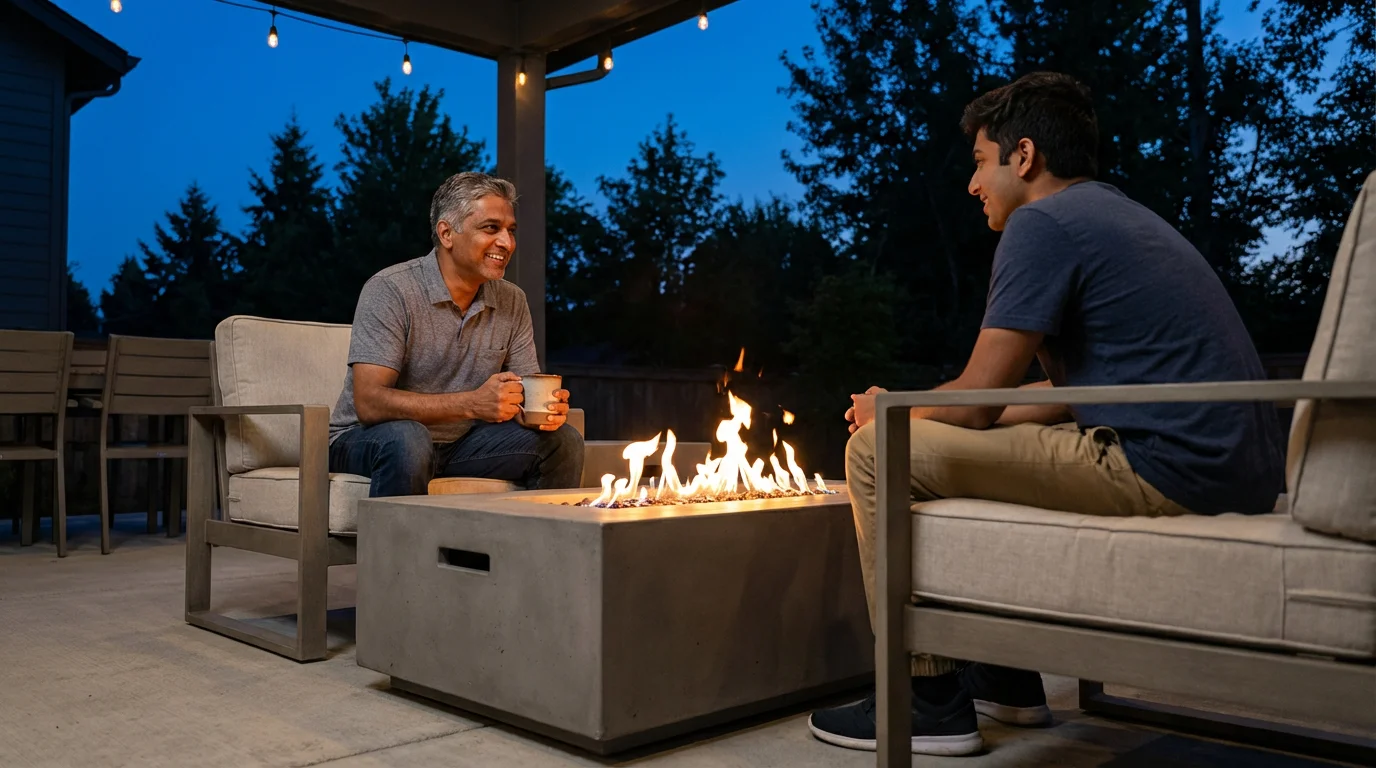 A father and his young adult son sharing a quiet moment by a fire pit at dusk.