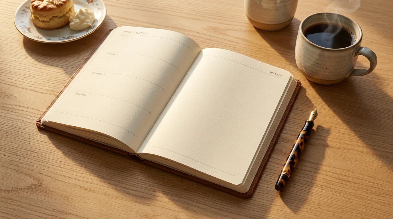 A flat lay of a blank planner, fountain pen, and two coffee mugs.