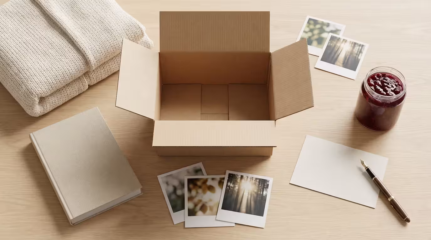 A flat lay of a care package with a blanket, book, and card.