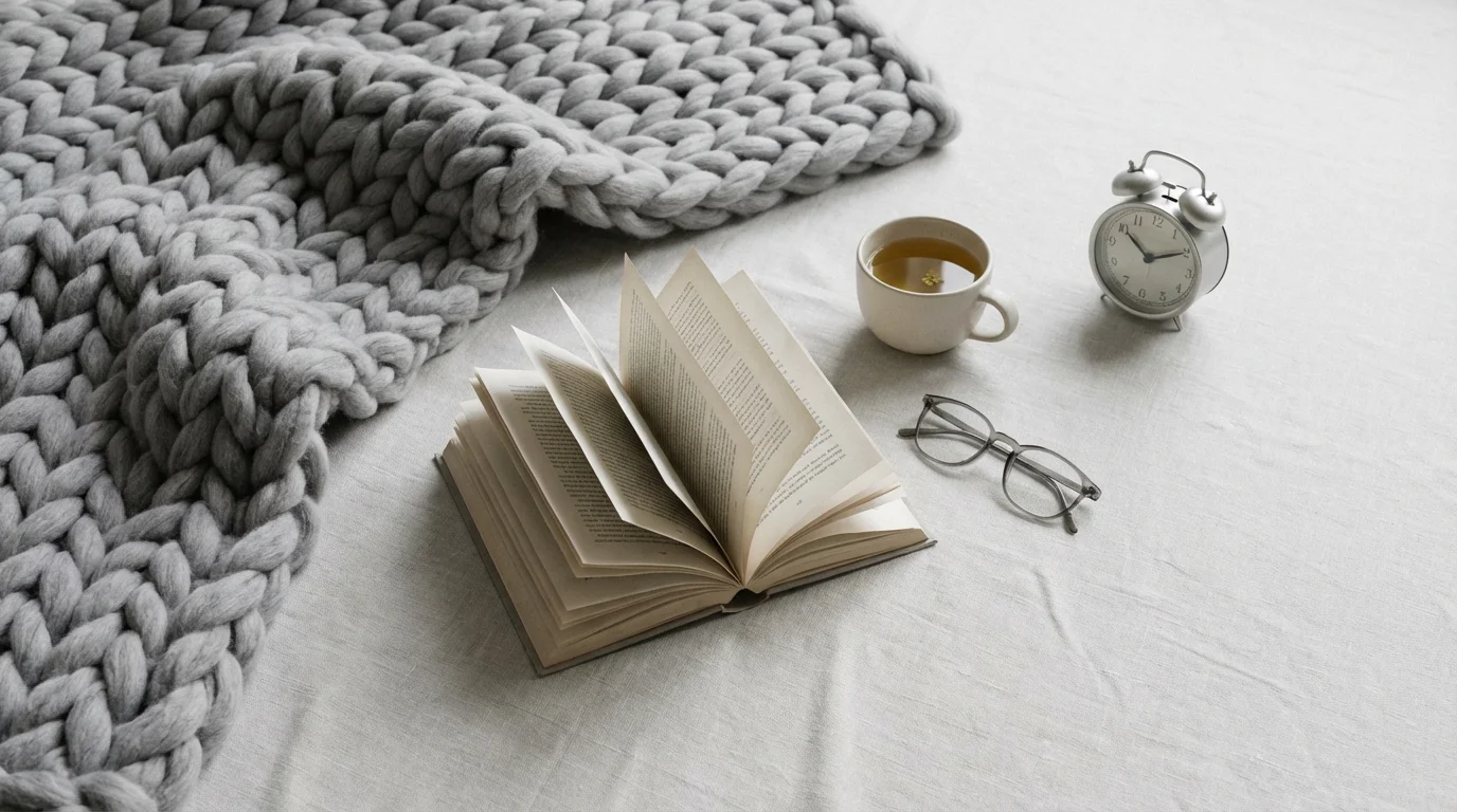 A flat lay of a cozy blanket, open book, tea, and alarm clock.